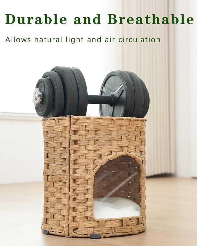 SETVSON Cat House for Indoor Cat, Small Handwoven PE Rattan Kitten Cave | Two-Tier Cozy Pet Nest with One Double-Sided Pad, Waterproof Handwoven PE Rattan Basket, Easy to Clean, 13x13x13.7 In