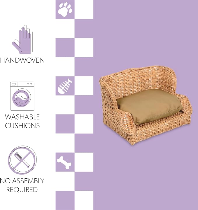 DBD1004B Handwoven Water Hyacinth Pet Daybed with Machine-Washable Cushion, 27.5" x 18" Wicker Sofa for Small to Medium Dogs and Cats, Vintage Style Elevated Pet Bed, Light Brown