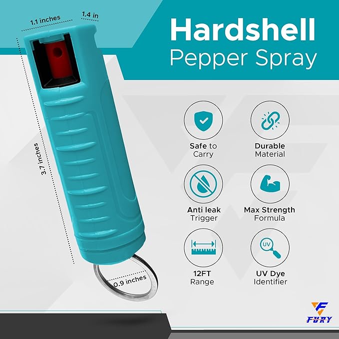 Vaporisateur de défense FURY Hardshell – Portée de 3,6 m, puissance maximale, colorant UV, anti-fuite et anti-déclenchement accidentel, gâchette coulissante, clip ceinture et porte-clés, plusieurs options de couleur