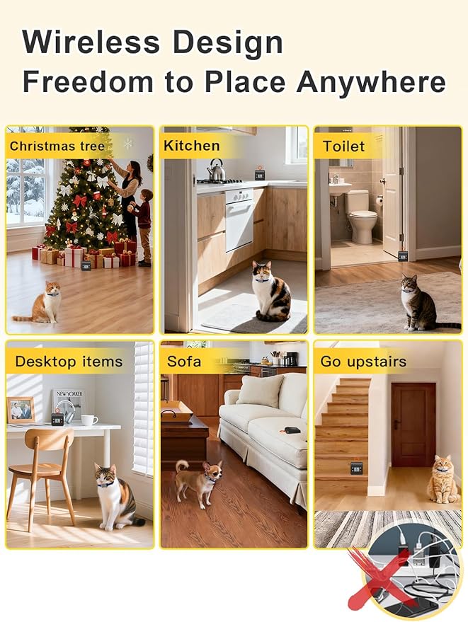 FLYSPEAR Wireless Cat Barrier - Rechargeable Indoor Barrier with 6 Adjustable Range Radius up to 7 ft, 6 Adjustable Safe Static Intensity for Cats Small Dogs with Hook (Wireless Barrier Kit)