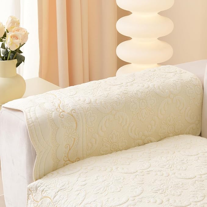 HANDONTIME Cotton Couch Cover for Dogs Breathable & Pet-Friendly Sofa Cover, Embroidery Dog Couch Cover Elegant Floral Quilted Slipcover, Non-Slip Washable Furniture Protector (Ivory, 35.4" x 35.4")
