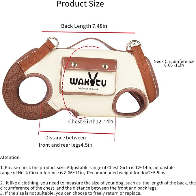 Wakytu Dog Lift Harness Dog Carrier VES Harness Adjustable Leash with Small Puppy Treat Bag,Fits Most Cars,XS | stylish puppy sling carrier with handle & pocket,adjustable leash,walking & travel
