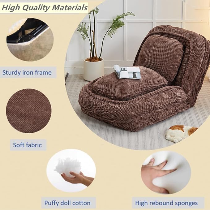 Foldable Lazy Sofa Bed with 5 Levels Adjustable Backrest, Brown | Comfy Upholstered Human Dog Bed for Adults and Pets, Lazy Floor Lounger with 2 Soft Cushions for Living Room Bedroom