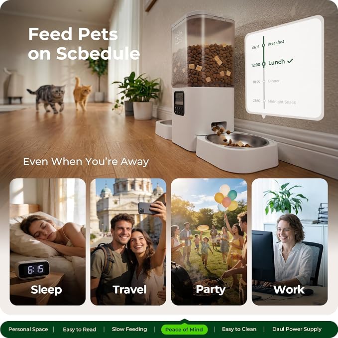 Frienhund Timed Automatic Cat Feeder 2 Cats with Slow Feed: Dual Automatic Dog Feeder with Information Visualization, Programmable Auto Cat Food Dispenser for Multiple Pets,Detachable for Clean-29 Cup