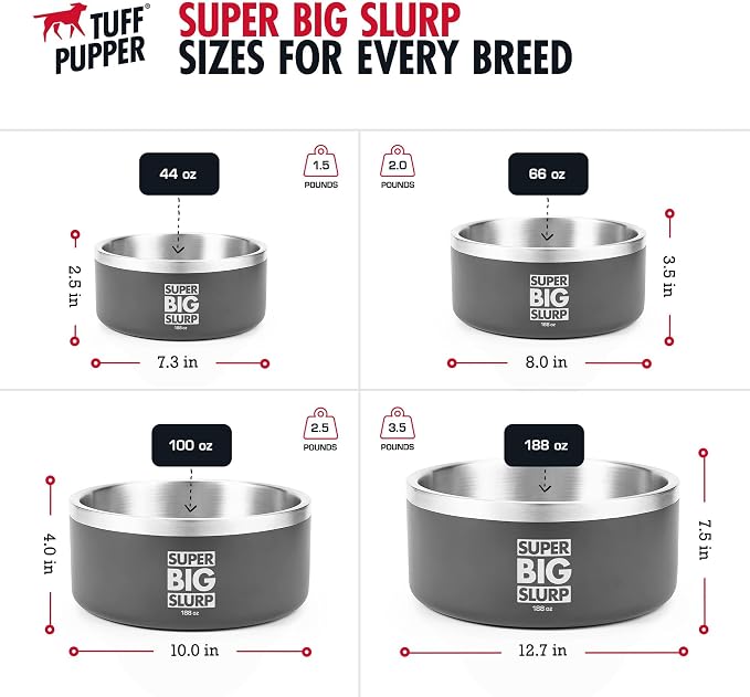 Tuff Pupper 100 oz Heavy Duty Insulated Stainless Steel Dog Bowl for Large Dogs, Non-Slip Base, Dishwasher Safe