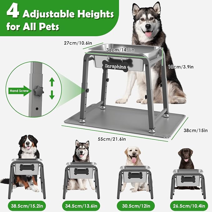 2 Gallon Elevated Large Dog Water Bowl with Mat, 4 Height Adjustable 10.4-15.2", Raised Dog Water Bowl Stand for Large Breed