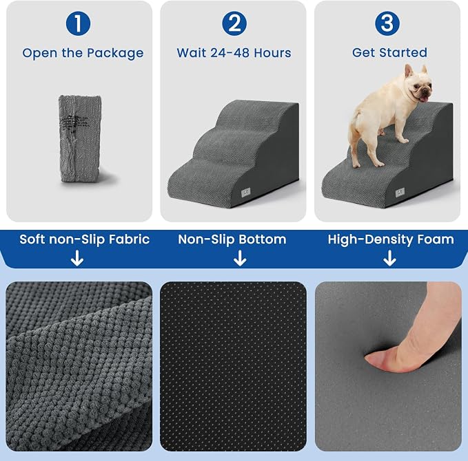 Dog Stairs for Small Dogs & Cats,3 Steps Non-Slip Pet Ramp for Couch,15.7"H | Airpanda Pet Stairs with Washable Cover & High-Density Foam,Gentle Curved Design,Ideal for Senior & Short-Legged Dogs,Grey