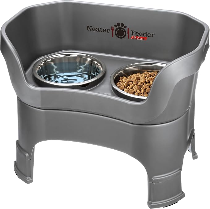 Neater Feeder Deluxe Mess-Proof Elevated Dog Bowls for Large Dogs (40+ lbs), 2 Height Adjustable (14.5” & 17.5”) No-Spill Raised Dog Bowl Stand, Stainless Steel Food Bowl Set, Made in USA, Gunmetal