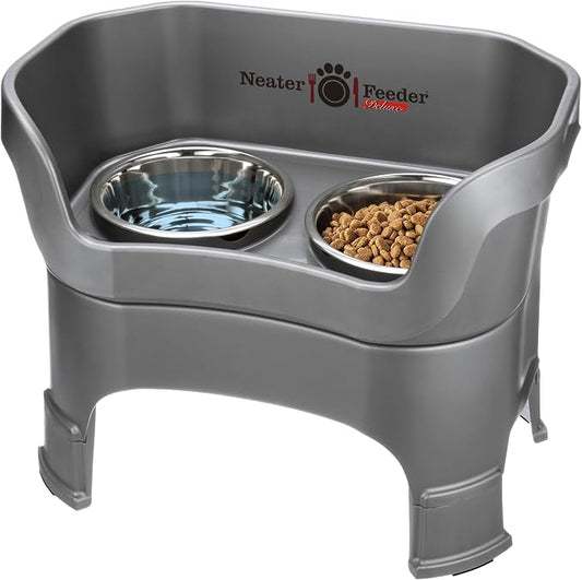 Neater Feeder Deluxe Mess-Proof Elevated Dog Bowls for Large Dogs (40+ lbs), 2 Height Adjustable (14.5” & 17.5”) No-Spill Raised Dog Bowl Stand, Stainless Steel Food Bowl Set, Made in USA, Gunmetal