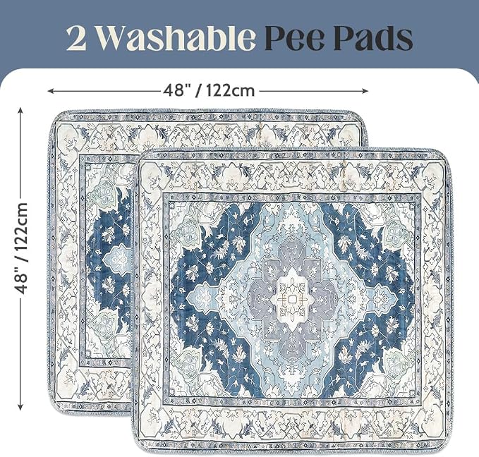 Washable Pee Pads for Dogs, 2 Pack Reusable Puppy Training Pads 48"x48" Super Absorbent Waterproof Dog Training Pads, Non-Slip Potty Pads, Whelping Pads Litter Mat Navy & Ecru