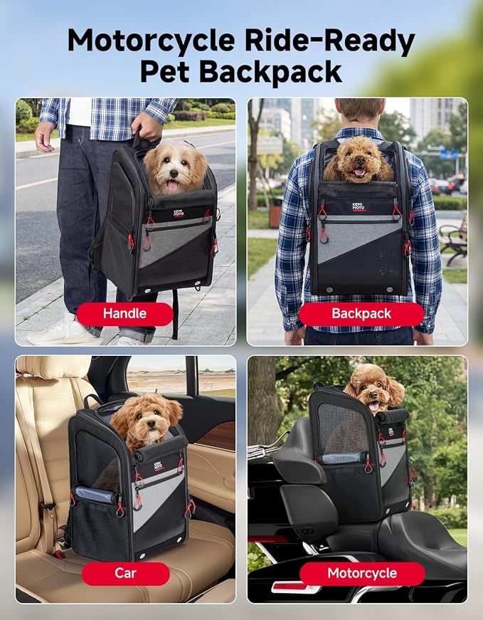 KEMIMOTO Motorcycle Dog Carrier Backpack for Small Dog & Cat Under 17 lbs | Anti-Escape Safety Clip, Padded Shoulder Straps Pet Carrier for Street Glide with Passenger Seat Touring Trike Models Can Ams