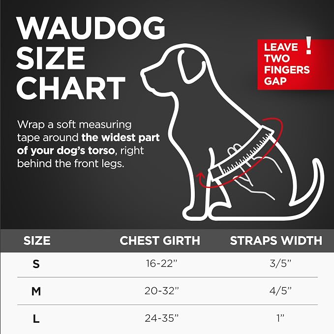 WAUDOG Waterproof Dog Harness - Adjustable for Large, Small and Medium Dogs - Heavy Duty with Durable Metal Clasp and QR Tag - Boy & Girl - Black (20-32in)
