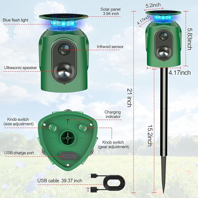 Ultrasonic Animal Repeller Outdoor - Cat Repellent Outdoor & Deer Deterrent with PIR Sensor, Solar Powered for 360° Protection Against Cats, Deer, Squirrels, Raccoons, Rabbits in Garden, Yard, Farm