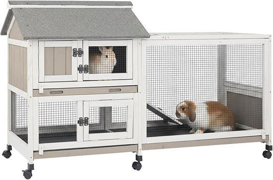 PetsCosset Rabbit Hutch Outdoor Bunny Hutch 2-Story Wooden Indoor Rabbit Cage with Run, 6 Wheels, Waterproof 3 Leak Proof Trays, Ramp, Weatherproof Asphalt Roof for Animals Pets, Expandable Design