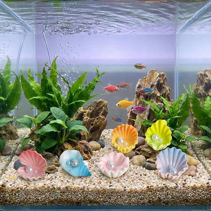6 Pcs Mini Resin Pearl Seashell Ornaments, Artificial Ocean Clam Shells for Aquarium Decoration, Cute Fish Tank Accessories for Betta, Shrimp, Hermit Crab - Underwater Landscape Decor
