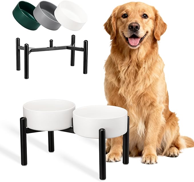 Raised Ceramic Dog Bowl Set with Stand, 7.5 Cups Elevated Dog Food Stand | 8.4'' Double Dog Food and Water Bowl Set, Non-Slip Dog Feeding Dishes for Small Breeds and Cats, 59.2 OZ, White