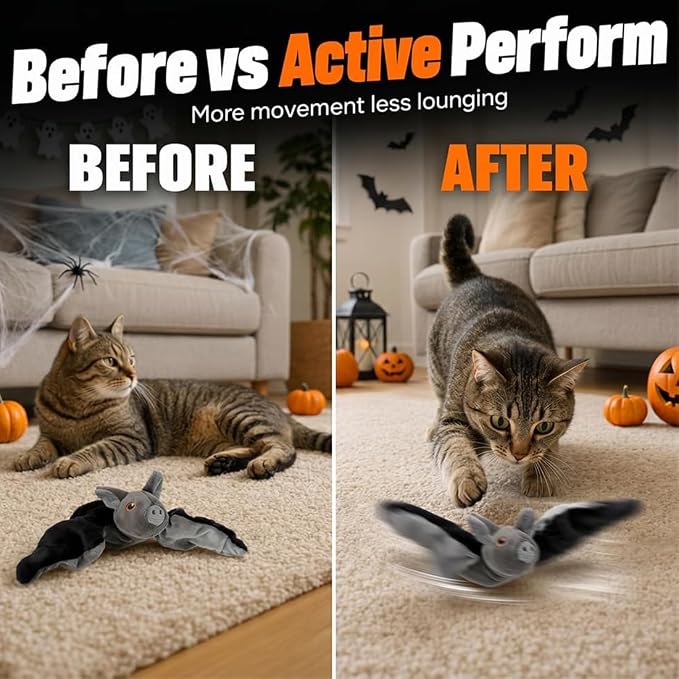 Flying Bat Dog Toy, Flapping Wings Interactive Chirping Pet Teaser, Remote Control Rechargeable Halloween Bat Toy with Catnip Filling, Electric Simulation Flying Motion Toy for Cats Dogs，1pc