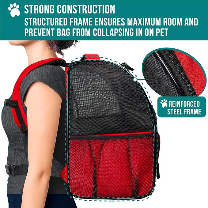 PetAmi Dog Backpack Carrier for Small Medium Dogs Large Cats up to 18 lbs, 2 Side Entry, Structured No-Collapse Frame, Airline Approved Ventilated Pet Backpack for Hiking Camping Travel Vet, Red