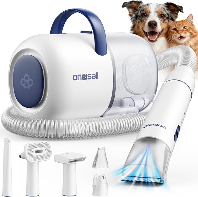 oneisall Dog Grooming Vacuum Kit with 6 Tools | Powerful 15000Pa Suction, Clippers, Trimmer & Nail Grinder ≤59dB, 2L Large Canister, Easy to Clean & Empty
