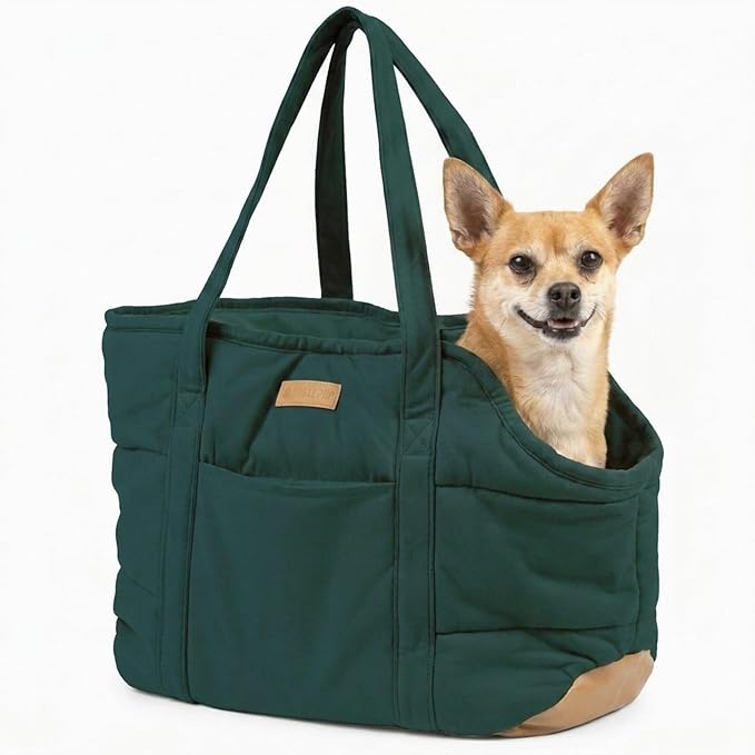 Plush Dog Purse Carrier for Small Dogs, Soft Dog Tote Bag with Safety Harness Clip, Cozy Pet Carrier for Dogs Under 15 lbs, Comfortable Dog Shoulder Carrier for Travel, Green