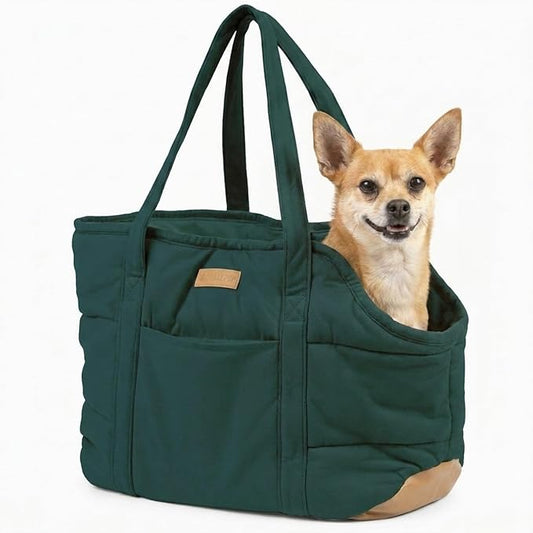 Plush Dog Purse Carrier for Small Dogs, Soft Dog Tote Bag with Safety Harness Clip, Cozy Pet Carrier for Dogs Under 15 lbs, Comfortable Dog Shoulder Carrier for Travel, Green