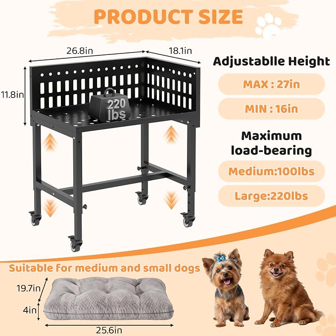 Beside Dog Bed,2 Panels Adjustable Height Dog Bunk Beds,26.8”x18.1” Metal Frame & Cushion, Converts to Bunk Bed or Bed Extension Attachment for Human Bed, for Small Dogs