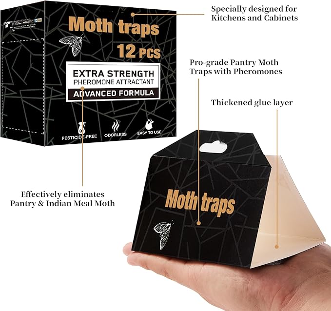 PIMAG Upgraded Moth Traps, Double Potent Pantry & Clothes Traps with Pheromones Prime, No Toxic & Odorless Meal Moth Trap, Organic Sticky Moths Balls Repellent with Lure for Closet, Kitchens-12Pack
