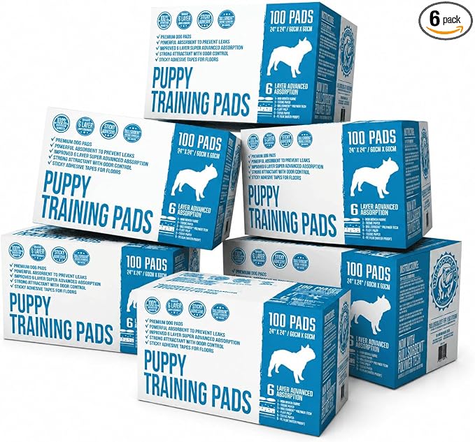 Bulldogology Premium Puppy Pads with Adhesive Sticky Tape Large Dog Training Wee Pads 6 Layer Absorbent Pet Pee Pads Bullsorbent Tech White 600 Count 24" x 24"