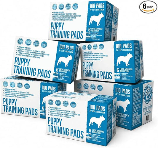 Bulldogology Premium Puppy Pads with Adhesive Sticky Tape Large Dog Training Wee Pads 6 Layer Absorbent Pet Pee Pads Bullsorbent Tech White 600 Count 24" x 24"