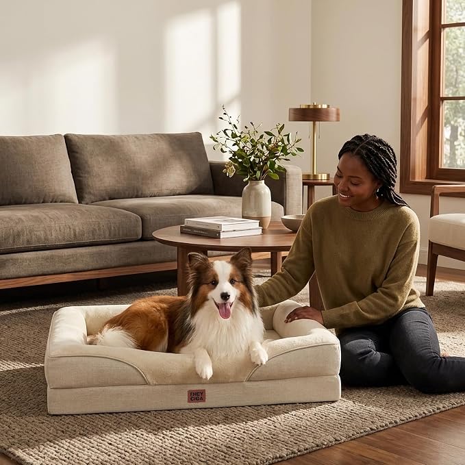 EHEYCIGA Orthopedic Dog Bed for Large Dog, Memory Foam Dog Couch, Beige | 36x27 Inch Large Sized Dog Sofa with Sides, Waterproof Liner & Washable Removable Cover, Bolster Pet Couch