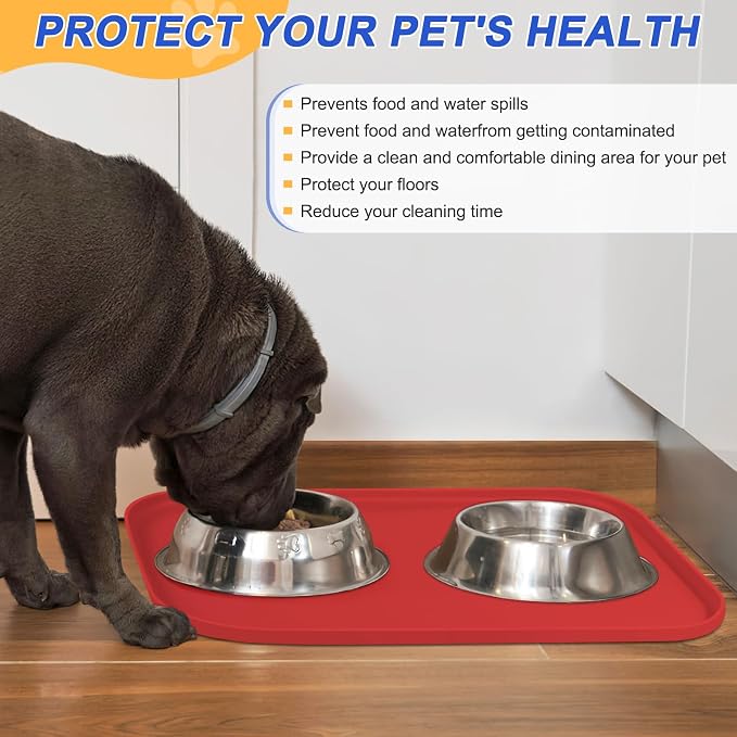 SMILOOL Waterproof Silicone Pet Food Mat with Raised Edge for Dog & Cat | 19" x 12" Non-Slip Pet Feeding Mats with Lip for Food & Water Bowl, Food Grade, Easy Cleaning, Red