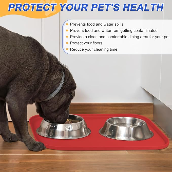 SMILOOL Waterproof Silicone Pet Food Mat with Raised Edge for Dog & Cat | 24" x 16" Non-Slip Pet Feeding Mats with Lip for Food & Water Bowl, Food Grade, Easy Cleaning, Red