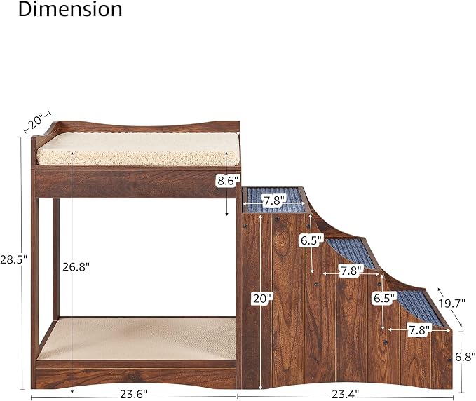 unipaws Pet Bunk Bed with Removable Step for Dog and Cat, Window Perch Seat | Multi-Level Bed with Cushion and Cat Scratch Pad, Indoor Use, Walnut