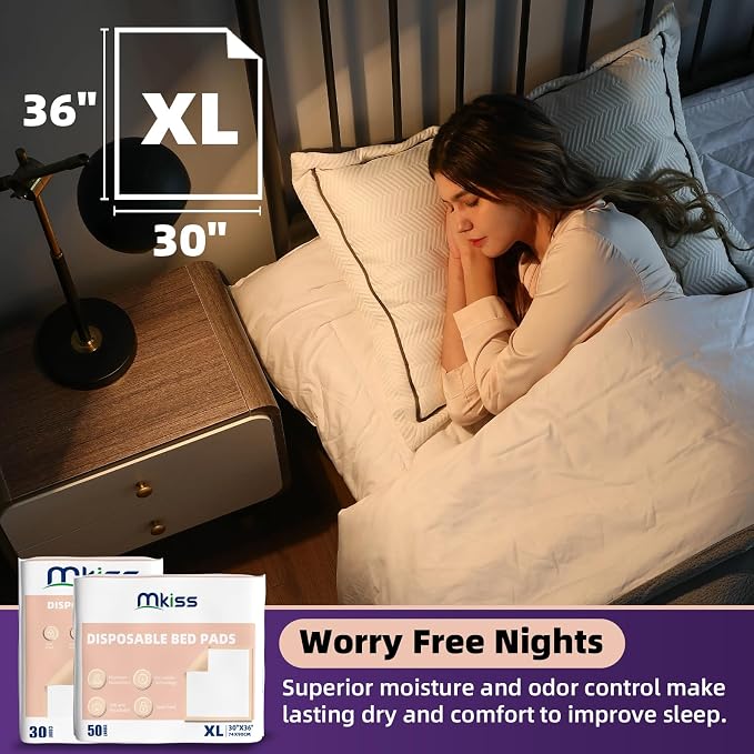 MKISS 30" x 36" Disposable Bed Pads [50 Counts], Heavy Absorbency Underpad | Super Absorbent, Extra Large, Leakproof & Waterproof Protection, Dry Quickly, Soft Fabric Surface