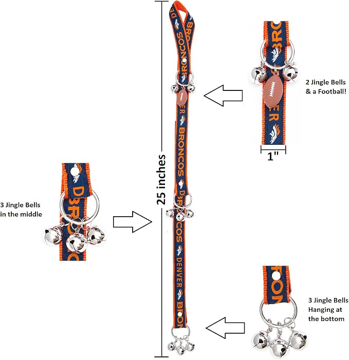 NFL Denver Broncos PET GIFT BOX with 2 Licensed DOG TOYS, 1 Logo-engraved NATURAL DOG TREAT, 1 NFL JERSEY, 1 NFL Puppy Training Bells & 1 Car Seatbelt