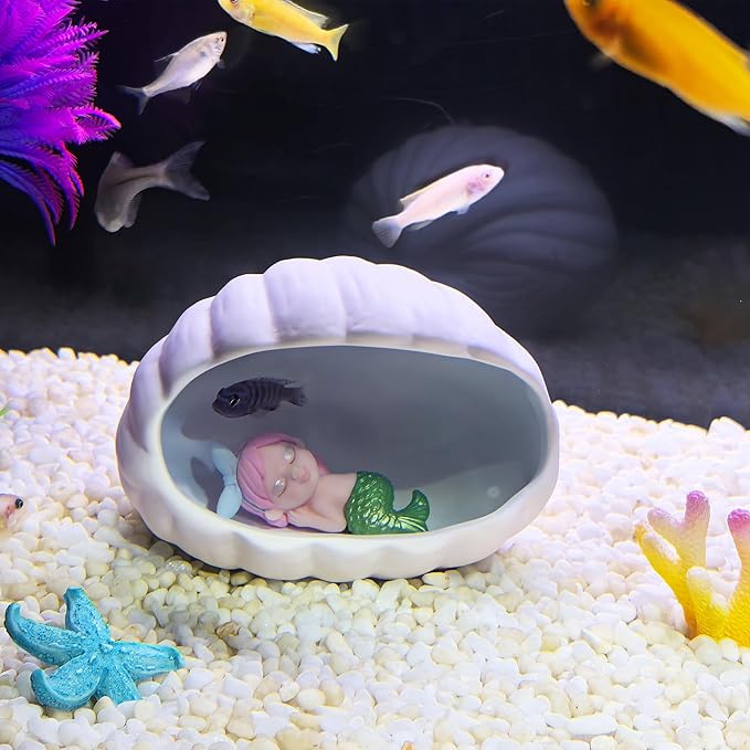 Ocean Theme Aquarium Decor 4-Piece Set: Ceramic Shell Cave, Resin Coral & Starfish, Cute Mermaid Figurine - Hideout & Ornament for Betta Fish, Shrimp, Small Fish Tank