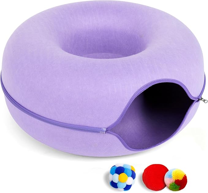 Cat Tunnel Bed for Indoor Cats with 3 Toys, Scratch Resistant Detachable and Washable Large Donut Cat Bed, Available in All Seasons (Purple, L(24x24x11))