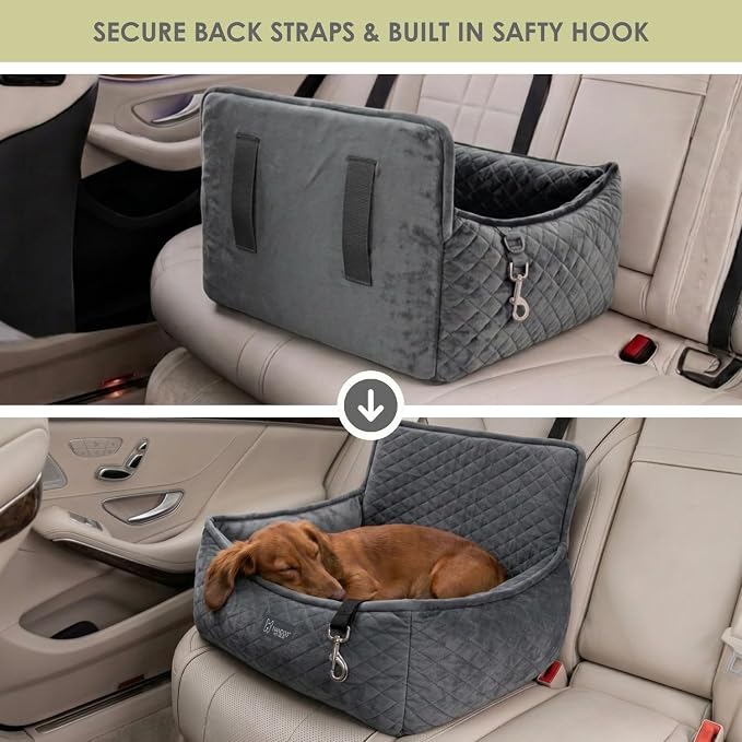 NANDOG Luxury Dog Car Seat Bed for Small Dogs, Micro Plush Pet Seat with Removable & Washable Cushion Insert, Thick Safety Seatbelt Straps, Secure Travel Carrier, Dark Grey, 20" L x 16" W