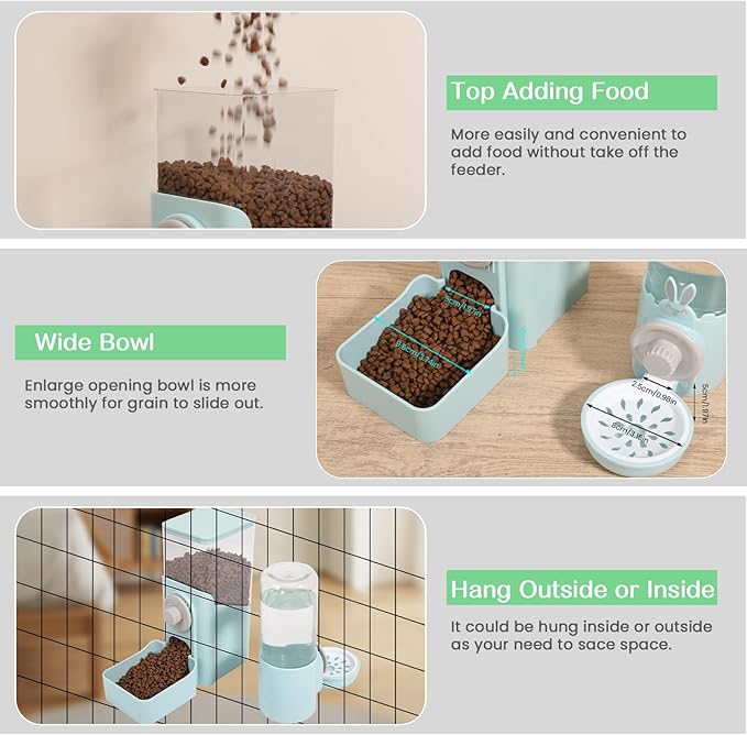 Hanging Automatic Pet Food and Water Dispenser, Auto Gravity Rabbit Ferret Bunny Hedgehog Feeder Water Dispenser Sets, Cat Dog Food and Water Dispenser Food Bowl for Cage Hanging (Light Blue)