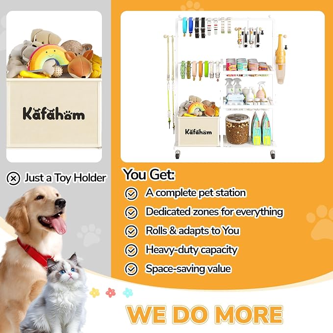 Dog Toy Basket, Basket For Dog Toys Living Room, The Stuff For Dogs, Cat Toy Box, Dog Toy Bin, Toy Chest Storage, All-in-One Pet Supplies Organizer with Leash Hanging Rail and Locking Casters