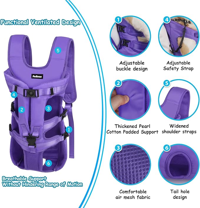 PetBonus Dog Front Carrier Backpacks, Legs Out Easy-fit Puppy Chest Carrier | Hands Free, Adjustable, Safety Strap, Walking Hiking Cycling Motorcycle bag, For Small Medium Dogs (Purple, XL)