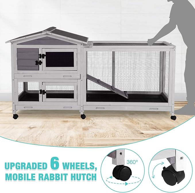Suumerpety 62" Rabbit Hutch with Chew-Proof Ramp & Waterproof Roof - Indoor/Outdoor Bunny Cage, 2-Story Design, 6 Lockable Caster Wheels & Dual Pull-Out Trays (Grey)