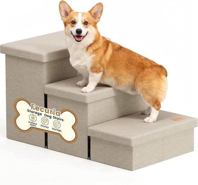 3-Step Wide Dog Stairs with Hidden Storage 18" H, Non-Slip Dog Steps for High Bed Couch Window Car, Jiont-Friendly Pet Stairs Ramp for Small/Medium/Large Old Dogs Cats Up to 220lbs, Beige