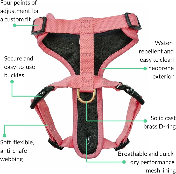 Adventure Dog Harness - Stylish, and Durable Medium Dog Harness for Outdoor Adventures and Everyday Wear - Quartz Pink Neoprene Adjustable Harness for Dogs with Reflective Piping, Brass D-Ring