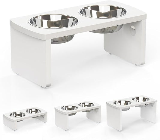 Elevated Dog Bowls, Waterproof Raised Dog Bowl for Medium Dogs, HIPS Poly Lumber Stand with 2 Stainless Steel Bowls, Indoor & Outdoor Use (7'' Tall-40 oz Bowl, White)