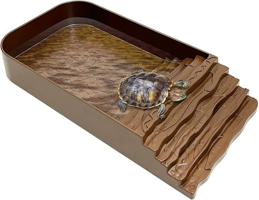 PINVNBY Reptile Bathing Pool Plastic Tortoise Food Dish with Ramp Leaf Reptile Food Dish & Water Bowl Tortoise Habitat Accessories for Frog Lizard Box Turtle (Brown)