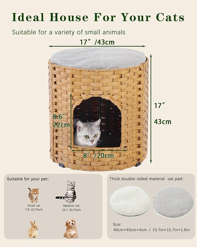 SETVSON Cat House for Indoor Cat, Large Double Cat Houses Bed, Natural | Handwoven PE Rattan Cave with One Soft Pad, 17 x 17 x 17 In Foldable Kitten Hideaway, Double-Level Play & Nap Spot