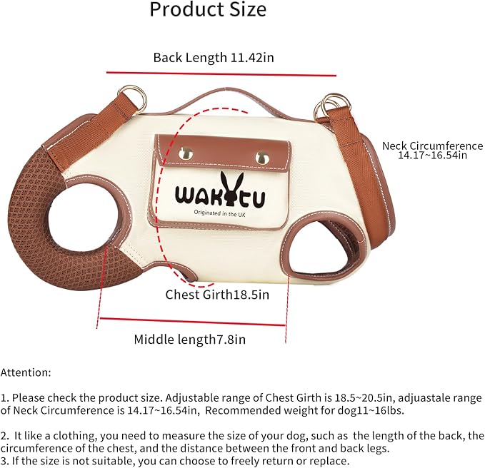 Wakytu Dog Lift Harness Dog Carrier VES Harness Adjustable Leash with Small Puppy Treat Bag,Fits Most Cars,L | stylish puppy sling carrier with handle & pocket,adjustable leash,walking & travel