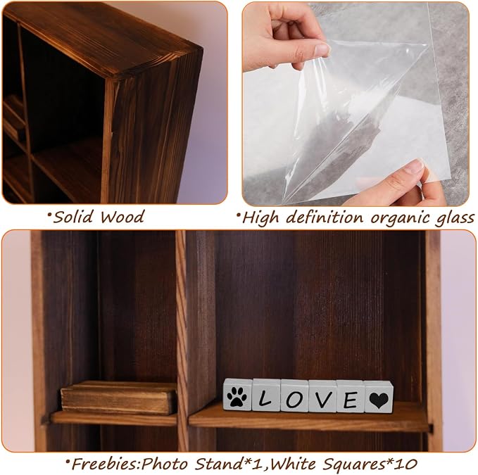 Solid Wood 11*14" Pet Memorial Shadow Box with Adjustable Shelves | Pet Memory Box Display Case for Dogs or Cats Frame Urn Ashes Nose Paw Print Keepsake for Pet Sympathy Gift- Charred Black