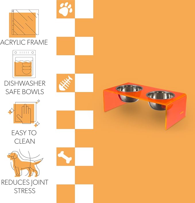 DBL2001E Keaton 7.5" Medium/Large Modern Acrylic Rectangular Elevated Pet Feeder with 54oz 2-Stainless Steel Bowls, Pink/Chrome